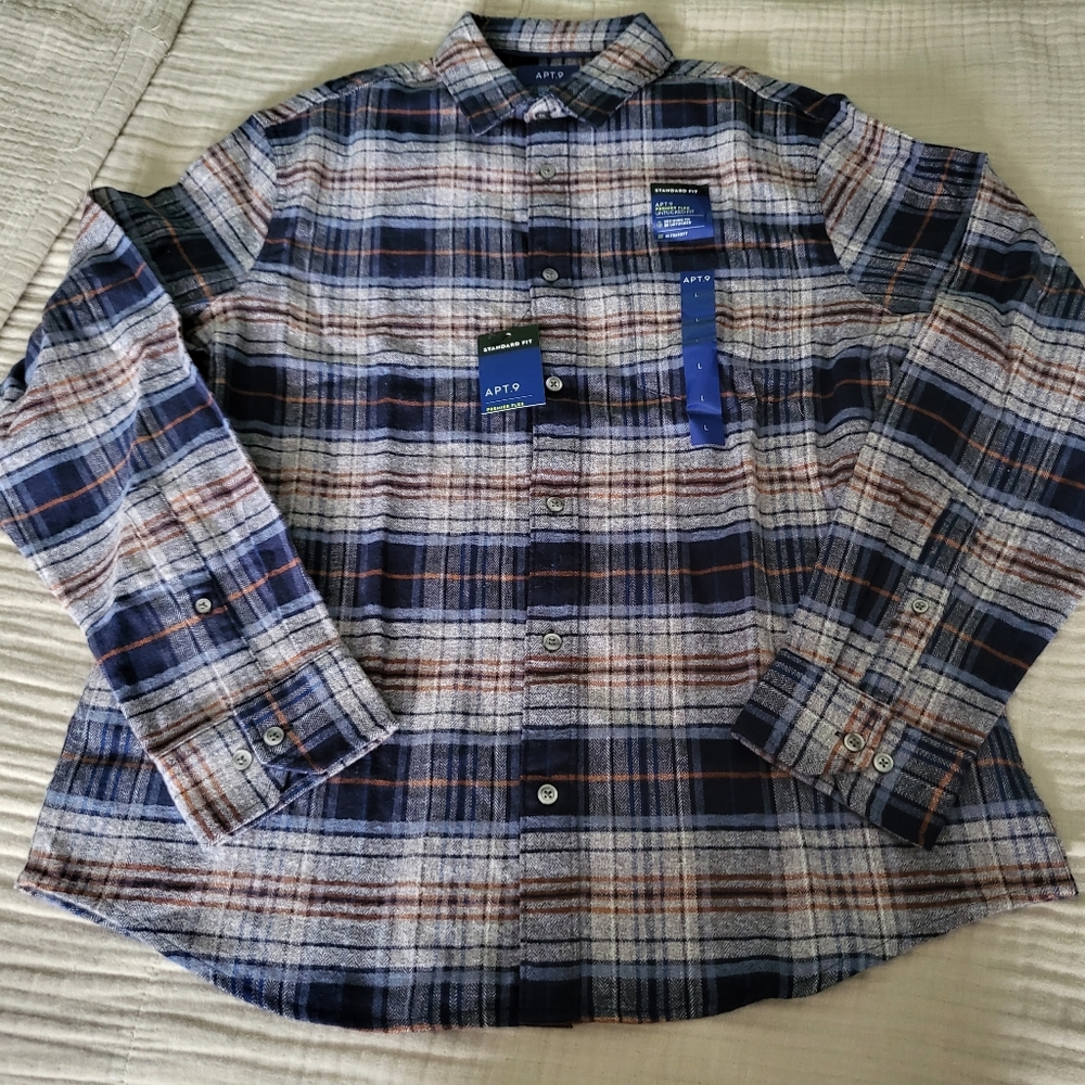 Apt. 9 Men Flannel Large Blue Grey Untucked Standard Fit NWT 042025